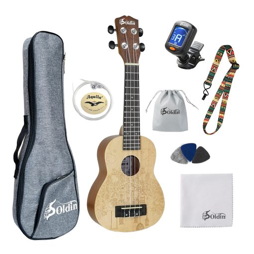 Ukelele de la serie Soldin Artist con tapa de abeto macizo y dorso y laterales de caoba Kit para principiantes con bolso, afinador, cuerdas, correa, puas y pano limpiador (Casa del arbol, 21 pulgadas)