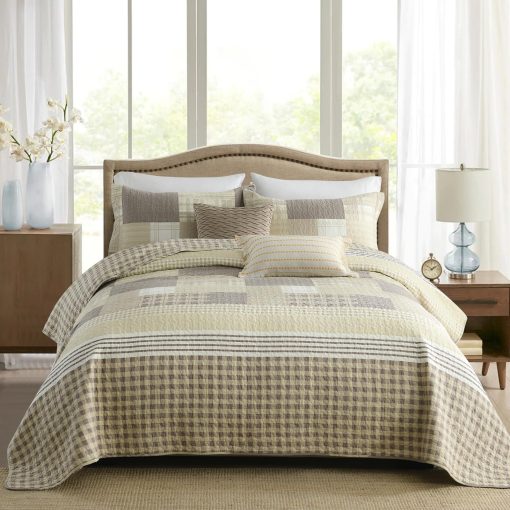 Juego de Edredon CozyStitch King - 100% Algodon Cuadros Geometricos Juego de Ropa de Cama con 3 Piezas en Marron Beige Blanco - Imagen 3