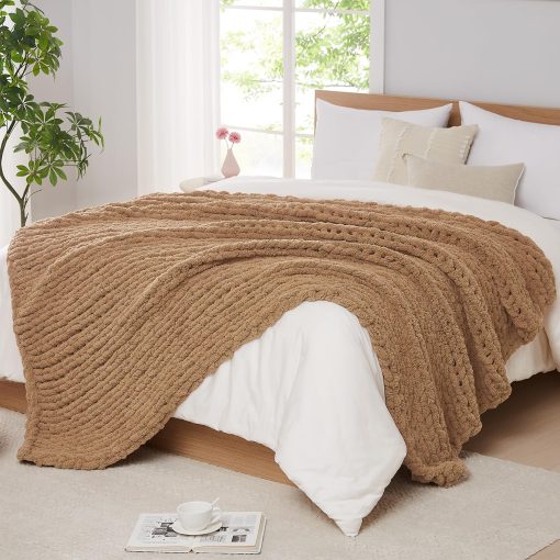 Manta de Punto Grueso L'AGRATY: 60''x80'' Manta Tejida de Chenille Grueso para Cama Sofa - Manta de Gran Punto Grueso Hecha a Mano - Manta de Ganchillo Grande para Decoracion del Hogar (Beige)