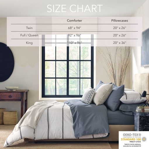 Set de Edredon de Algodon Estampado por Nate Home de Nate Berkus | Ropa de Cama Fresca, Comoda y Comoda de mDesign - Tamano Completo/Reina - 1 Edredon/2 Fundas de Almohada, Perla/Noche (Beige/Negro) - Imagen 4