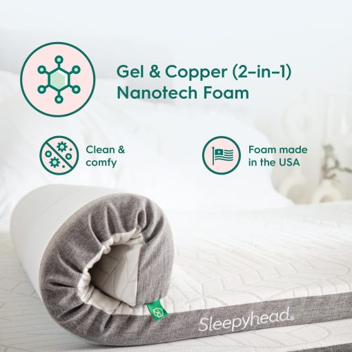 Topper de Colchon Super Gel e Infusion de Cobre Sleepyhead, Esencial para Dormitorio Universitario Full XL, Espeso, Topper de Colchon de Espuma Viscoelastica Refrigerante, Funda Lavable, 3'' Super Almohadilla para Colchon, 53x80 pulgadas - Imagen 4