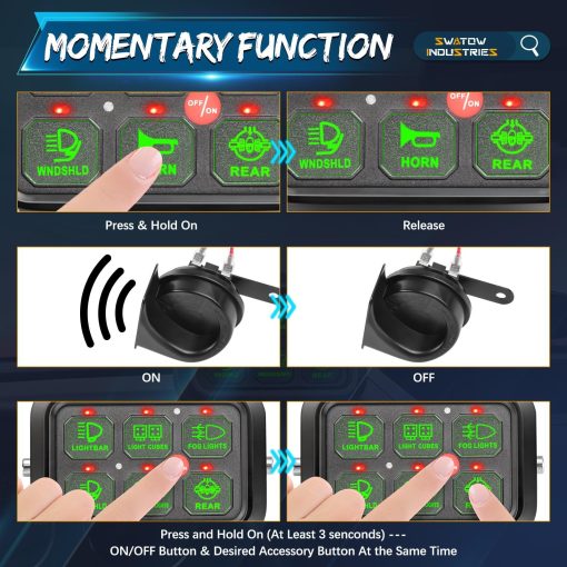 Panel de interruptores de 6 vias, SWATOW INDUSTRIES Switch Pods Caja de rele de circuito automatico atenuable con modos momentaneos para camioneta, Jeep, camioneta, SUV, UTV, marina - Imagen 5