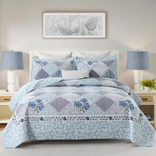 Colcha Extra Grande de Algodon al 100% de Finos Bordados 120"x102", Colchas de Cama Queen Livianas, Colcha Floral Extra Grande, Cubrecamas Reversible Acolchados, 3 Piezas, Azul - Imagen 2