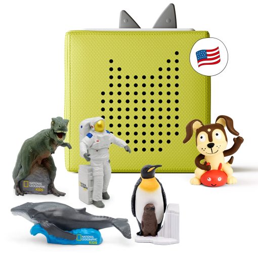 Set de inicio del reproductor de audio Toniebox con National Geographic Astronauta, Dinosaurio, Ballena, Pinguino y Cachorro de Juego - Escucha, Aprende y Juega con una Pequena Caja Abrazable - Verde