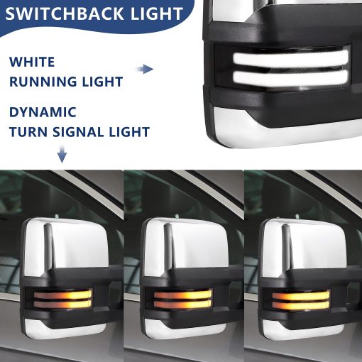 Espejo de remolque Switchback para Chevy Silverado GMC Sierra 2007-2014 Espejos de remolque con vidrio calefactado ajustable electricamente, luz de marcha, luz de senal de giro, lampara de respaldo, cromado - Imagen 2