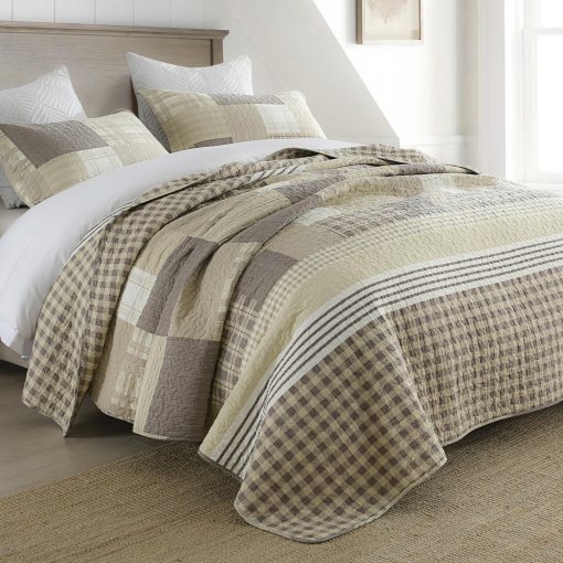 Juego de Edredon CozyStitch King - 100% Algodon Cuadros Geometricos Juego de Ropa de Cama con 3 Piezas en Marron Beige Blanco - Imagen 4