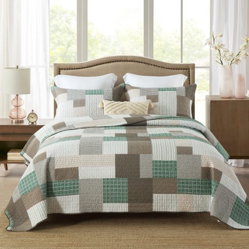 Juego de Edredon King Size SahSahCasa, Juego de Edredon King, Juego de Ropa de Cama de Edredon King 100% Algodon, Colcha Patchwork de Estilo Granja, Colcha Reversible Ligera Rustica, Verde/Marron Arenoso/Blanco