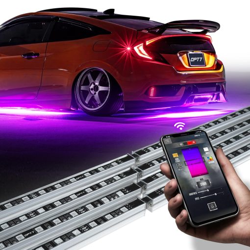 Kit de Luces de Neon OPT7 Aura Pro para Coche con Control de APP Inteligente, 4 PCS Barra de Luz LED de Neon de Acento de Aluminio Rigido Impermeable, Modos Multicolor de Musica Soundsync