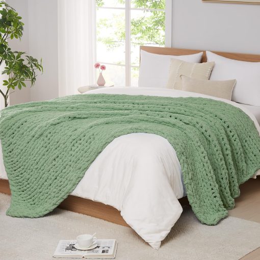 Manta de Punto Grueso L'AGRATY: 80''x90'' Manta de Punto Grueso de Chenille para Cama Sofa - Manta de Punto Grueso Hecha a Mano - Gran Manta de Ganchillo Gruesa para Decoracion del Hogar (Verde Salvia)