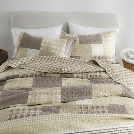 Juego de Edredon CozyStitch King - 100% Algodon Cuadros Geometricos Juego de Ropa de Cama con 3 Piezas en Marron Beige Blanco - Imagen 2