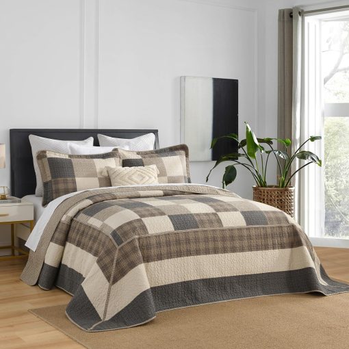 SahSahCasa 120"x102" Juego de Colcha de Cama Queen 100% Algodon Oversized, Colcha Queen Extra Grande, Colcha Ligera para Cama, 3 piezas, Carbon/Beige/Marron