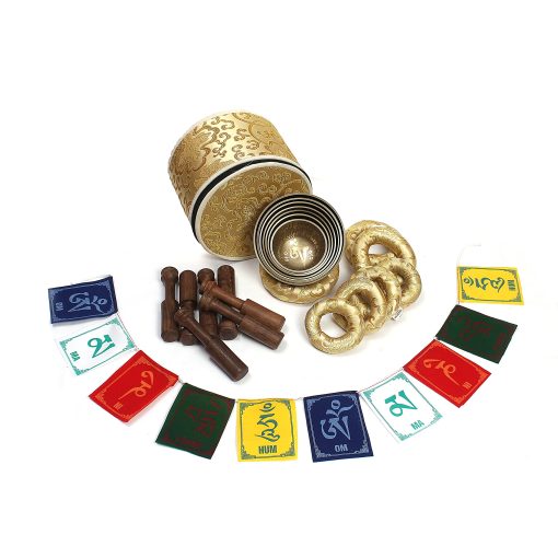 Set de 7 Cuencos Tibetanos ESK GROUP, 3?- 5.2? Cuencos Tibetanos Om Mane Padme Hum, Cuencos Tibetanos del Himalaya, Hechos a Mano, con cojines de seda, 7 palos, bandera y caja de brocado de seda, ESK-06 - Imagen 2