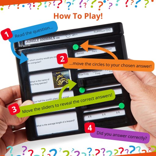 Flippo pad Quiz Device Game - Juego de Trivia sobre Animales de la Jungla - 25 Tarjetas - 200 Preguntas - Educativo y Divertido - Juegos de Viaje Ideales para Ninos - Juegos de Trivia Familiar - Paquete Portatil - Edad 6+ - Imagen 2