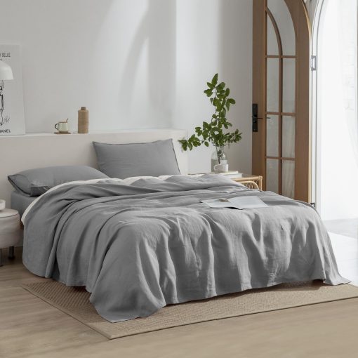 Juego de Sabanas de Lino EVERLY para Cama Queen, 100% Lino Frances Lavado a la Piedra Sabanas de Cama con Bolsillos Profundos, 4 Piezas (1 Sabana Plana, 1 Sabana Ajustable, 2 Fundas de Almohada) Juego de Ropa de Cama de Lino Natural, Gris Claro - Imagen 9