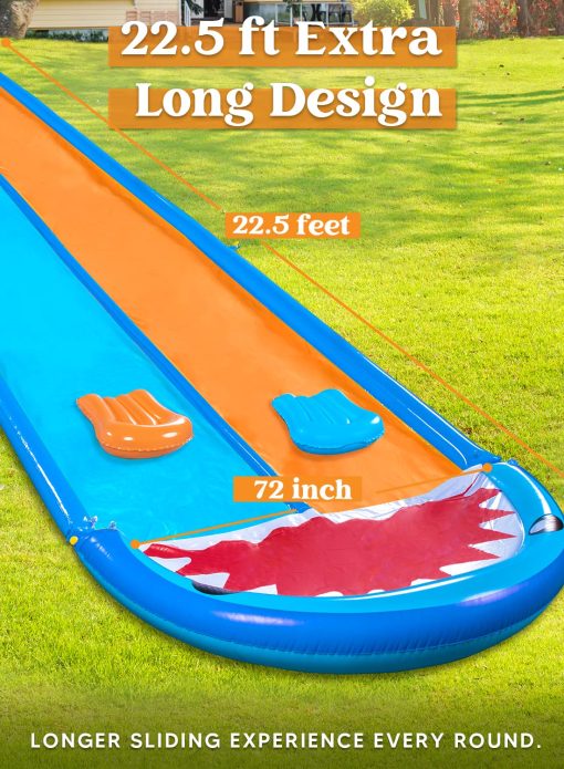Resbaladilla de Agua Doble de Tiburon Sloosh de 22.5ft, Resbaladilla de Jardin Resistente con Rociador y 2 Tablas Inflables para Fiesta en el Verano en el Patio al Aire Libre - Imagen 2