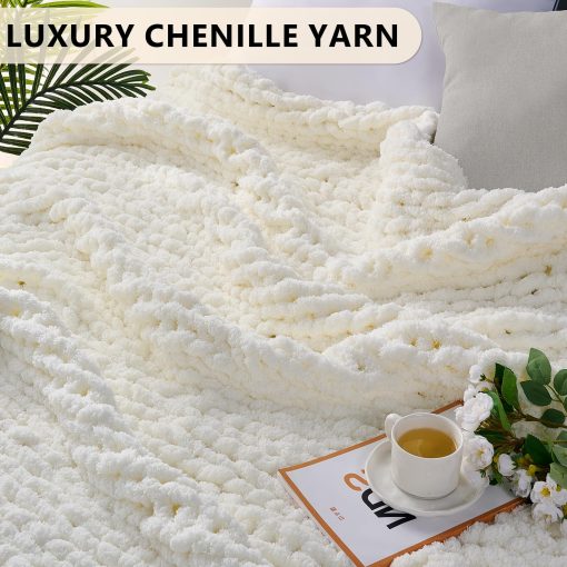 Manta de Punto Grueso L'AGRATY: Manta de Chenilla Suave de 60x80 - Manta de Ganchillo Grueso Hecha a Mano - Manta de Cable Grueso para Sofa Cama Decoracion del Hogar (Blanco Crema) - Imagen 3