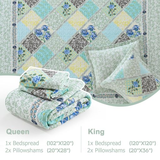 Colcha extragrande Finlonte 120x120 pulgadas - Colcha de algodon California King al 100%, Colcha extra grande, Colcha de retales de granja, Colcha acolchada reversible ligera, Juego de ropa de cama, Verde/Azul - Imagen 2