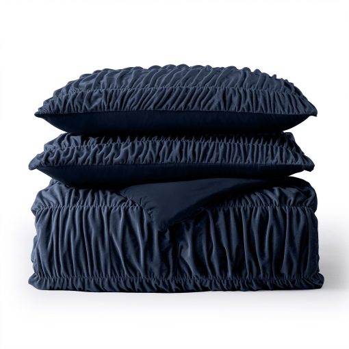 Juego de edredon de lujo de terciopelo fruncido tamano King maravilloso, acolchado a mano con volantes reversibles rayados, sensacion de algodon, regalos festivos esponjosos para el invierno (Azul Marino) - Imagen 7
