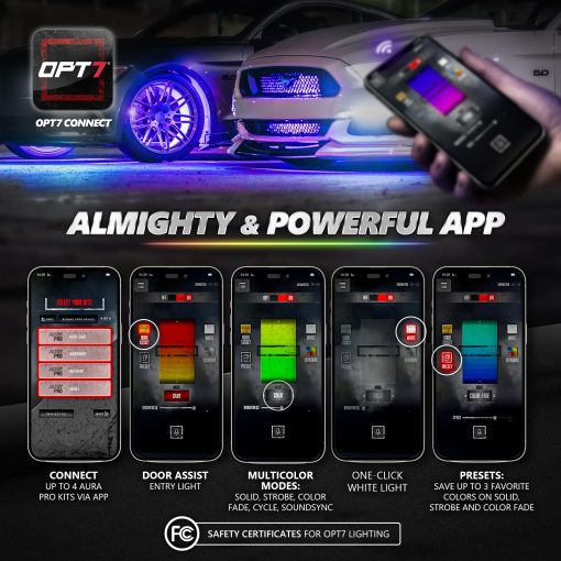Kit de Luces de Neon OPT7 Aura Pro para Coche con Control de APP Inteligente, 4 PCS Barra de Luz LED de Neon de Acento de Aluminio Rigido Impermeable, Modos Multicolor de Musica Soundsync - Imagen 3