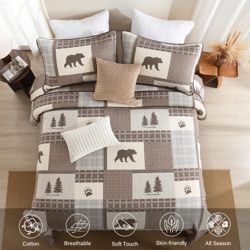 Colcha de Granja Quilta Tamano King - Juego de Ropa de Cama de Patchwork a Cuadros de Algodon 100% con Patron de Animales, Suave y Ligero Colcha Bohemia de 3 Piezas para Todas las Estaciones, Marron/Beige - Imagen 2
