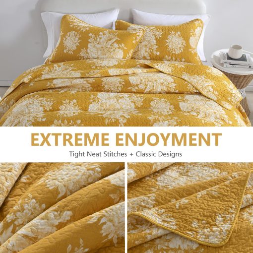 Colcha de Tamaño King 100% algodon DUOHONG, Amarillo Floral Juego de Cama King Colcha Ropa de Cama Ligera Edredon para Cama King, 3pcs, Amarillo Abeto - Imagen 4