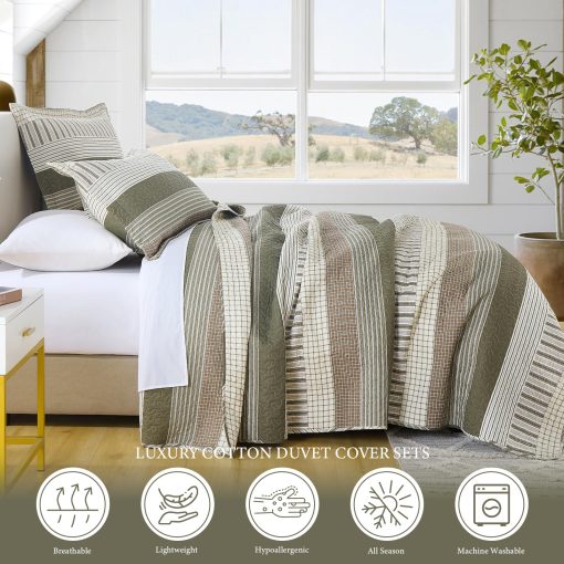 Juego de edredon de algodon Uniclinens tamano King, Juego de edredon de cama King, Colcha a rayas de estilo campestre, Edredon reversible ligero, Juego de 3 piezas con 2 fundas de almohada, Blanco/Marron/Gris/Verde - Imagen 3
