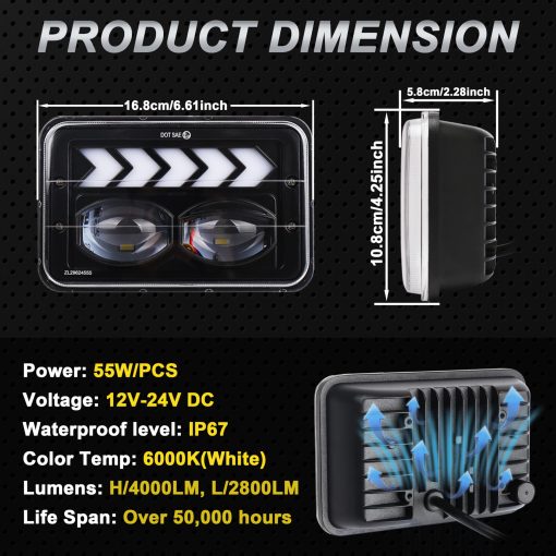 Faros LED FNGET 4pcs 4x6 con Haz Alto/Bajo DRL Blanco Flecha Secuencial de Giro ambar Reemplazo Compatible con Kenworth Peterbilt Oldsmobile Cutlass - Imagen 7