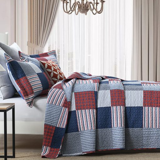 Juego de Colcha Queen Size Finlonte - Juego de Cama de Colcha de Algodon 100% Azul Rojo Blanco Cuadros Granja, Colcha Reversible Ligera Suave, Cubrecama Acolchado para Todas las Estaciones, 3 Piezas - Imagen 2