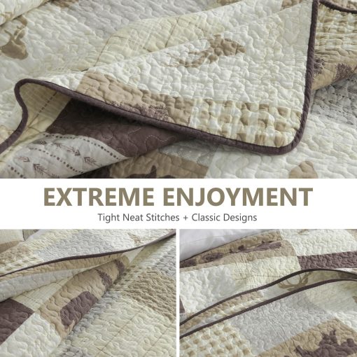 Edredon Queen Size DUOHONG, Juego de Edredones para Cama Queen, 100% Algodon, Edredon Rustico para Cama Queen, Edredon Reversible Ligero con Patrones de Vida Silvestre, Crema/Marron/Gris - Imagen 7