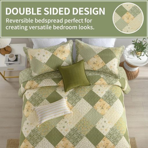 Colcha de cama extragrande KALOOLA 120x120, 100% algodon, colchas king size con estampado floral, ligera colcha reversible con fundas de almohada, 3 piezas, verde - Imagen 4