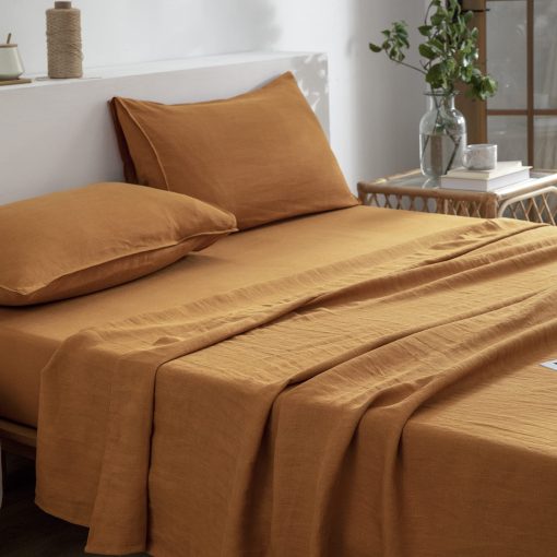 Juego de sabanas de lino EVERLY tamano gemelo, 100% lino puro frances, 3 piezas (1 sabana plana, 1 sabana ajustable, 1 funda de almohada) Adecuado para personas que duermen calientes, Juego de cama natural con bolsillo profundo lavado con piedra - Caramelo - Gemelo - Imagen 3
