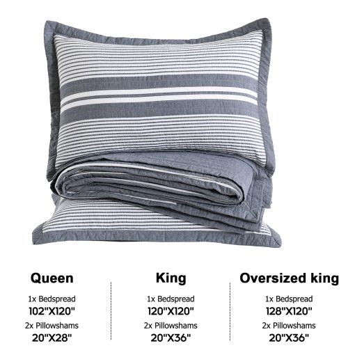 Colcha de cama extra grande king size Finlonte 100% algodon 120"x120", juego de colcha extra grande acolchado para cama California King, set de colcha moderna de rayas XL, edredon ligero azul piedra/blanco, 3 piezas - Imagen 5