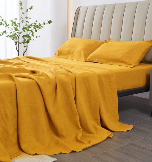 Juego de sabanas de lino 100% organico S VICTORY SYMBOL California King, Juego de ropa de cama de lino natural frances certificado GOTS lavado a la piedra, 4 piezas, sabanas transpirables de lujo (Amarillo, CK) - Imagen 7