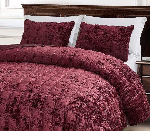Chezmoi Collection Piers Juego de Colchas de Terciopelo Borgoña King Oversized, Set de 3 Piezas de Ropa de Cama de Terciopelo Desgastado Todo el Año - Reversible de Microfibra Cepillada con Doble Cuadrado de Costura - Imagen 3