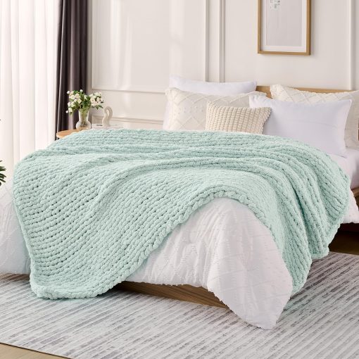 Manta de Punto Grueso L'AGRATY: 60''x80'' Manta de Punto Grueso de Chenilla para Cama y Sofa - Manta de Cable Grueso Hecha a Mano - Manta Grande de Ganchillo para Decoracion del Hogar (Verde Menta)