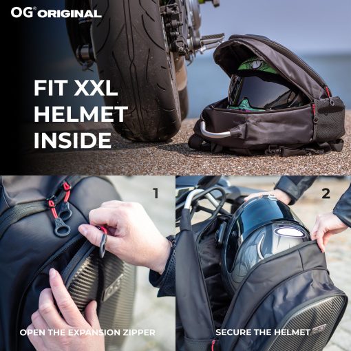 Mochila Impermeable OG Original GetAway para Motocicleta, Hombre, con Cubierta Dura, Gran Capacidad, Expandible 35L-45L, Bolsa para Casco de Motocicleta, Mochila para Casco, Antirrobo, Reflectante, USB, Portatil - Imagen 3