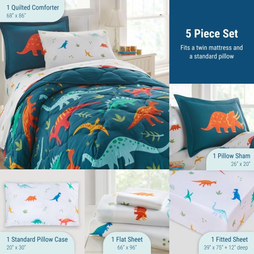 Juego de Cama Wildkin Kids 5 Piezas para Niños y Niñas, Microfibra Incluye Edredon, Sabana Plana, Sabana Ajustable, una Funda de Almohada y una Funda (Jurassic Dinosaurs) - Imagen 4