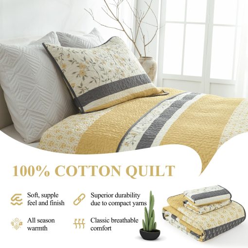 Edredon a rayas tamaño Queen DDUOXIN - 100% algodon suave reversible con 2 fundas de almohada, edredon de cama estampado floral ligero, juego de edredones, amarillo (dorado)/gris/blanco, Queen - Imagen 5