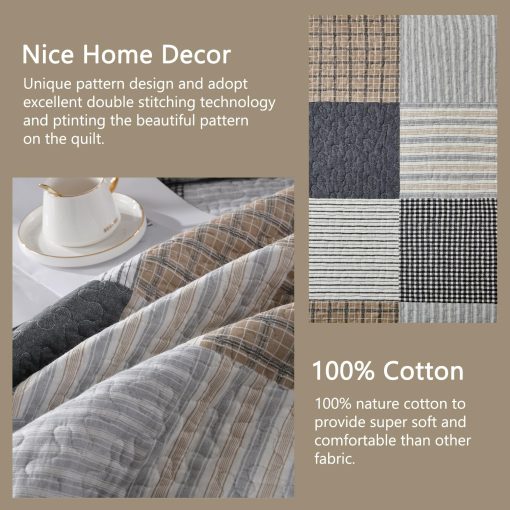 Juego de Edredon Queen Size de Cuadros de Finlonte - 100% Algodon, Colcha acolchada estilo country y farmhouse, Juego de Ropa de Cama Reversible Ligero, Gris Marron Negro Blanco, Colchon de Cama para Todas las Estaciones 3 Piezas - Imagen 4