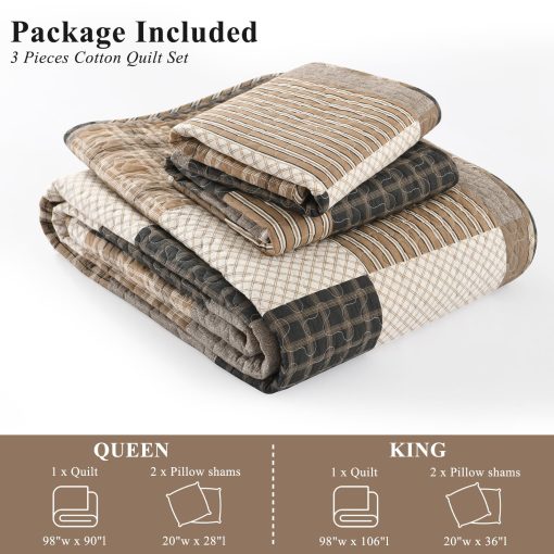 Edredon a cuadros tamano King de SOElinens - Edredon de cabana de patchwork rustico en tonos gris, marron y beige 100% algodon, Set de edredones ligeros para cama Queen, Juego de ropa de cama para todas las estaciones - Imagen 6