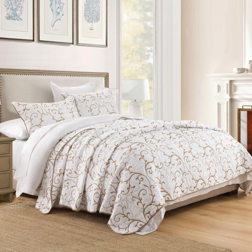 Juego de colchas Finestichery tamano queen - Colcha de algodon al 100% para cama queen, colchas de vina bordadas, juego de ropa de cama acolchado de estilo campestre con fundas de almohada, edredon ligero para todas las temporadas, beige/blanco - Imagen 2