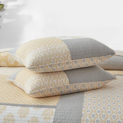 Colcha King Size Finlonte, 100% Algodon Colcha King Size, Colcha Acolchada Amarilla Gris para Cama King, Ligera y Reversible Juego de Ropa de Cama de 3 Piezas - Imagen 7