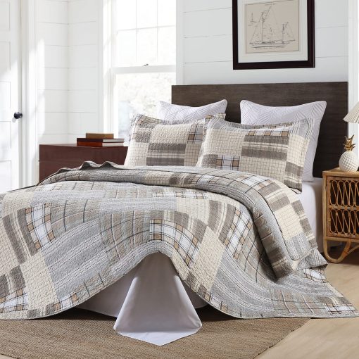 SahSahCasa Colcha Queen Size, Juego de Colcha Queen, Set de Ropa de Cama de Colcha Queen 100% Algodon, Edredones Ligeros de Cuadros Reversibles Estilo Granja para Cama Queen, Beige/Gris/Marron - Imagen 3