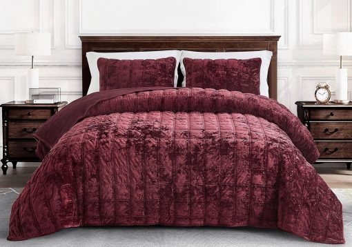 Chezmoi Collection Piers Juego de Colchas de Terciopelo Borgoña King Oversized, Set de 3 Piezas de Ropa de Cama de Terciopelo Desgastado Todo el Año - Reversible de Microfibra Cepillada con Doble Cuadrado de Costura - Imagen 2