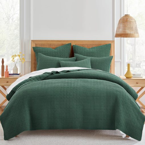 Levtex Home - Mills Waffle - Juego de Edredon para Cama Full/Queen - Verde Bosque Algodon Waffle - Tamaño del Edredon (88 x 92 pulgadas), Tamaño del Funda (26 x 20 pulgadas)