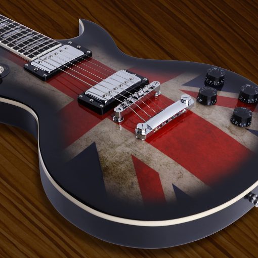 Guitarra electrica de tamaño completo modelo Single Cut Leo Jaymz - con increible calcomania de la bandera del Reino Unido en la parte superior arqueada (Bandera del Reino Unido) - Imagen 7
