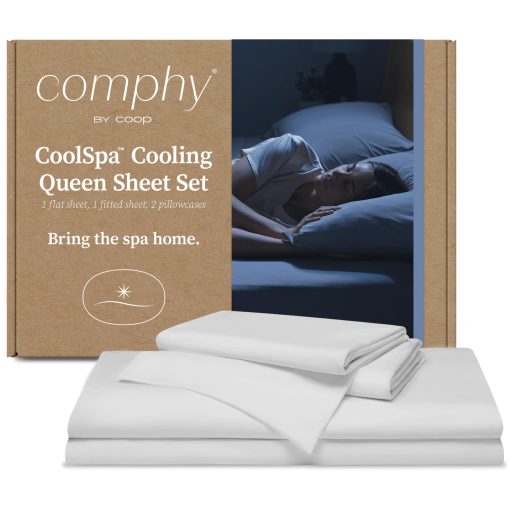 Juego de sabanas refrigerantes Coop Home Goods Comphy CoolSpa, 4 piezas Juego de sabanas Queen, Blanco Transpirable y super suave, Calidad de lujo de Spa y Hotel, Juego de cama tamano Queen