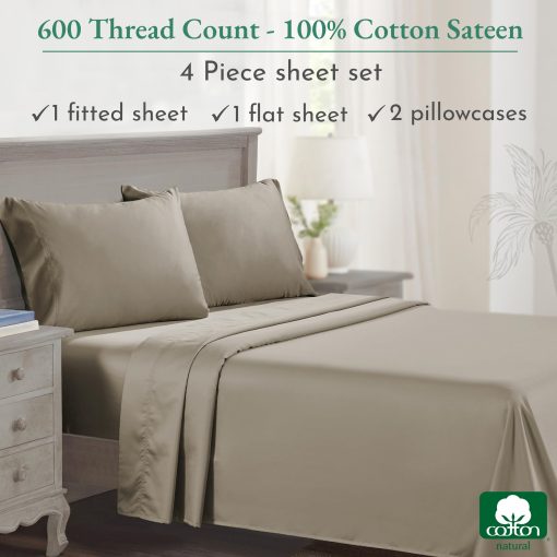 Juego de sabanas de lujo California Design Den para cama King - 100% algodon, 600 hilos, sabanas King de bolsillo profundo, ropa de cama de calidad de hotel con tejido satinado - Taupe - Imagen 3