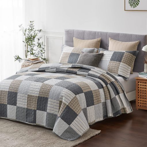 Colcha Escocesa King Size - 100% Algodon Colcha de Granja King con 2 Fundas de Almohada, Colcha Transpirable Ligera Juegos de Edredones Rellenos de Cama, Gris Marron, King(98 * 106 Pulgadas) - Imagen 2