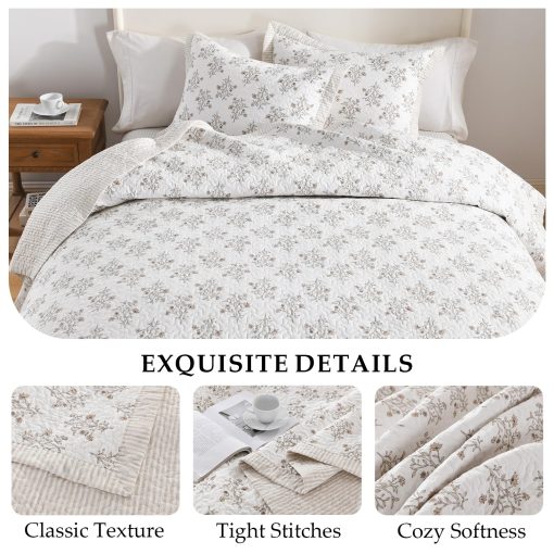 Edredon tamano King CozyStitch, 100% algodon, juego de conforter moderno granjero tamano King, Colcha blanca/almedra, Colcha reversible ligera floral Juego de ropa de cama para todas las estaciones, 3 piezas - Imagen 5